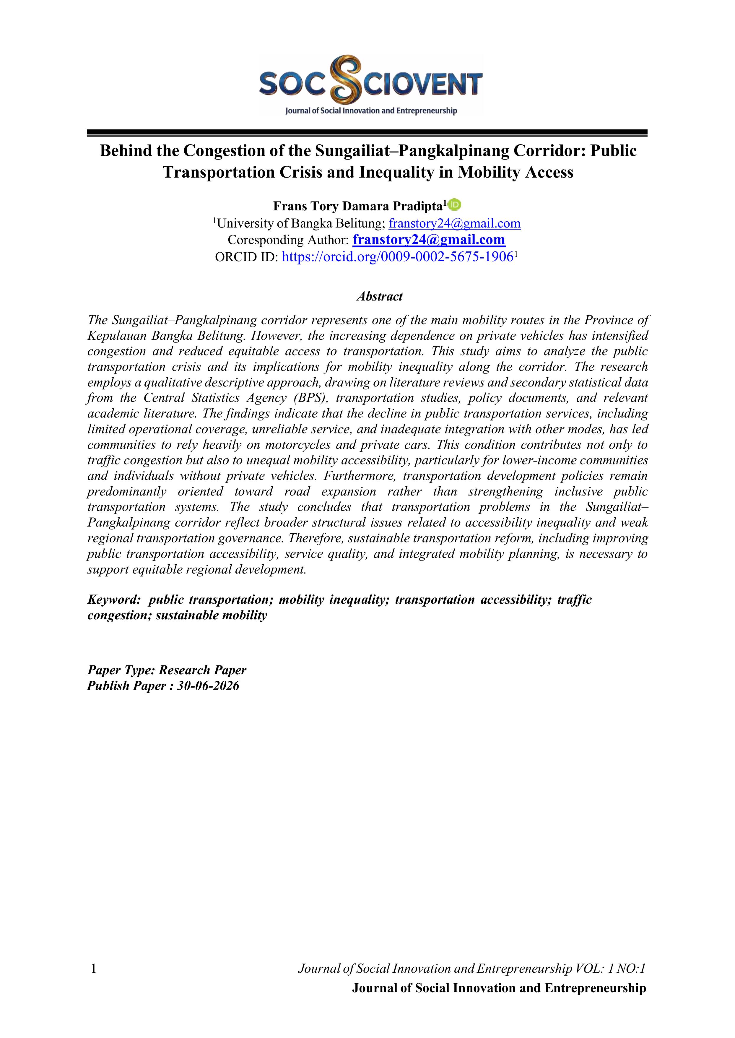 Behind the Congestion of the Sungailiat–Pangkalpinang Corridor: Public Transportation Crisis and Inequality in Mobility Access