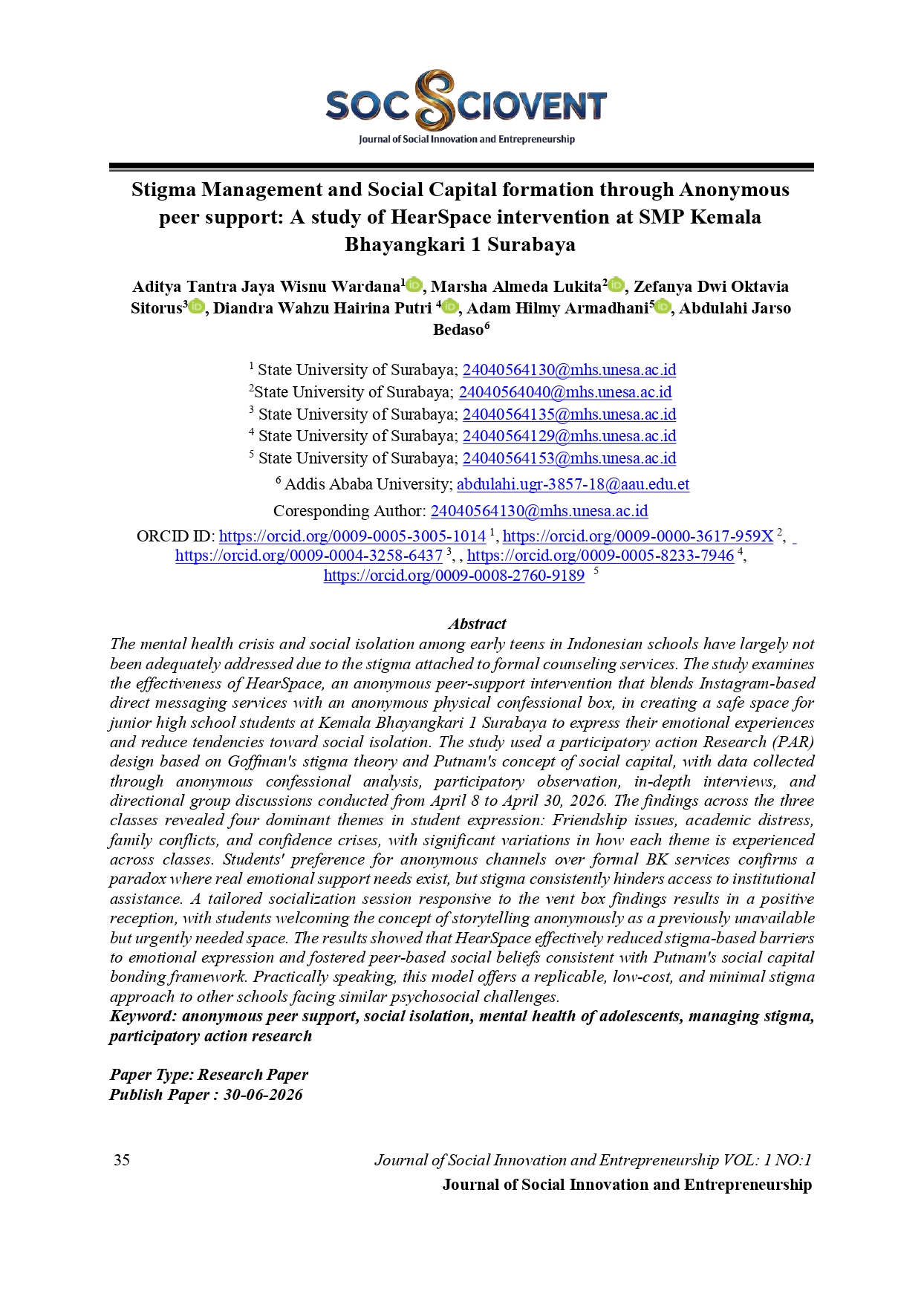 Stigma Management and Social Capital formation through Anonymous peer support: A study of HearSpace intervention at SMP Kemala Bhayangkari 1 Surabaya