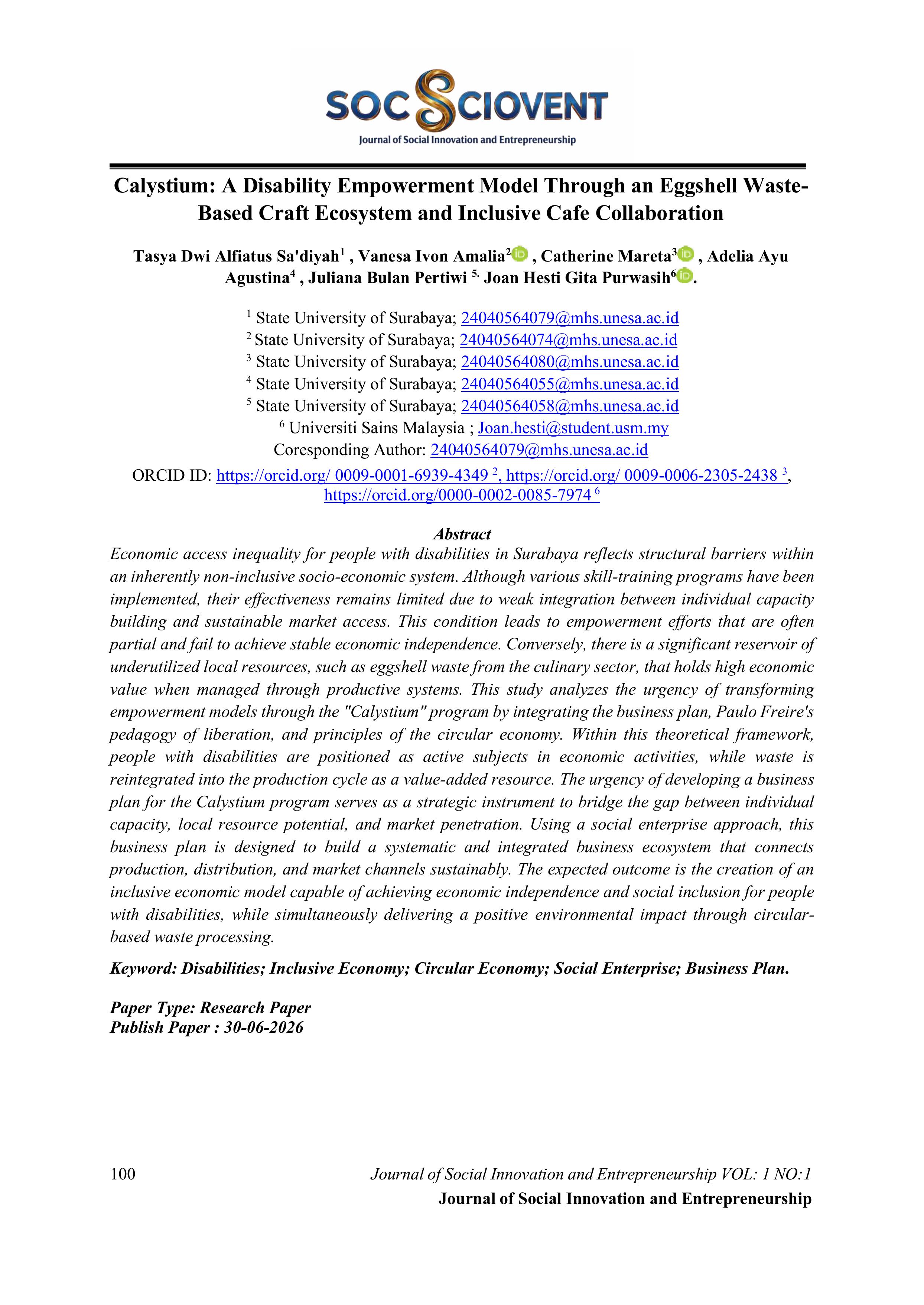 Calystium: A Disability Empowerment Model Through an Eggshell WasteBased Craft Ecosystem and Inclusive Cafe Collaboration