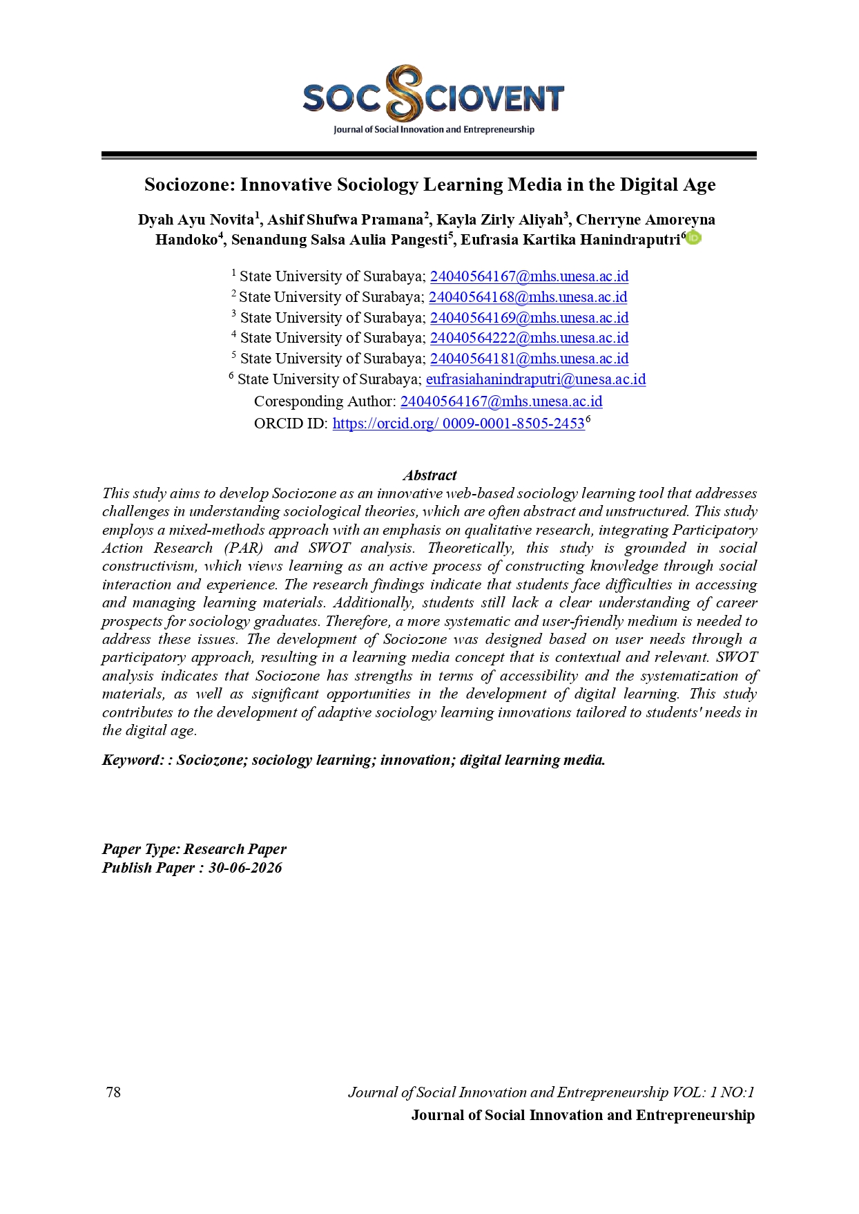 Sociozone: Innovative Sociology Learning Media in the Digital Age