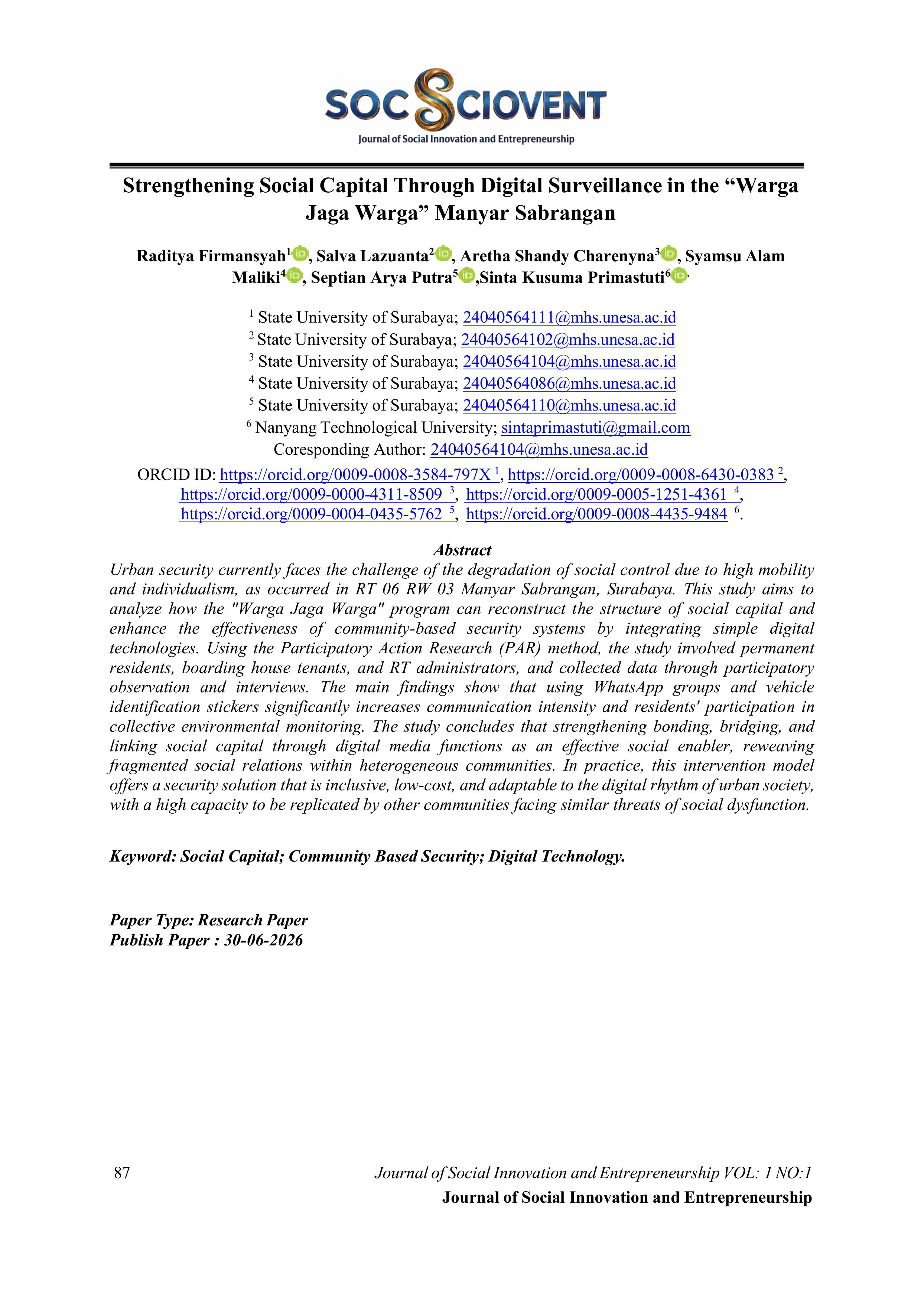 Strengthening Social Capital Through Digital Surveillance in the “Warga Jaga Warga” Manyar Sabrangan