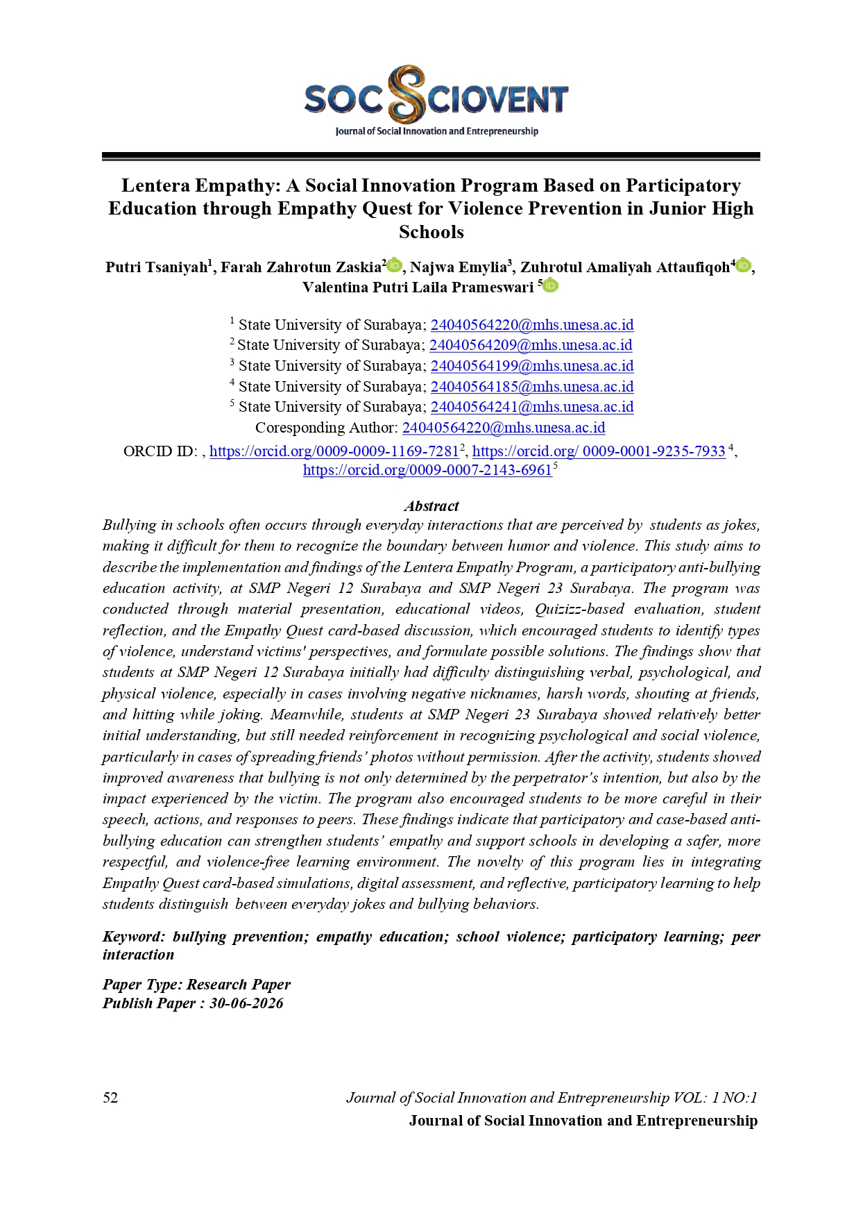 Lentera Empathy: A Social Innovation Program Based on Participatory Education through Empathy Quest for Violence Prevention in Junior High Schools